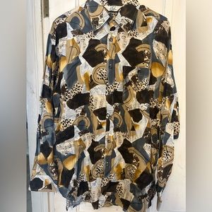 VTG Gabicci L/S Button Down SZ L AOP Animal Print Music Notes 100% Viscose